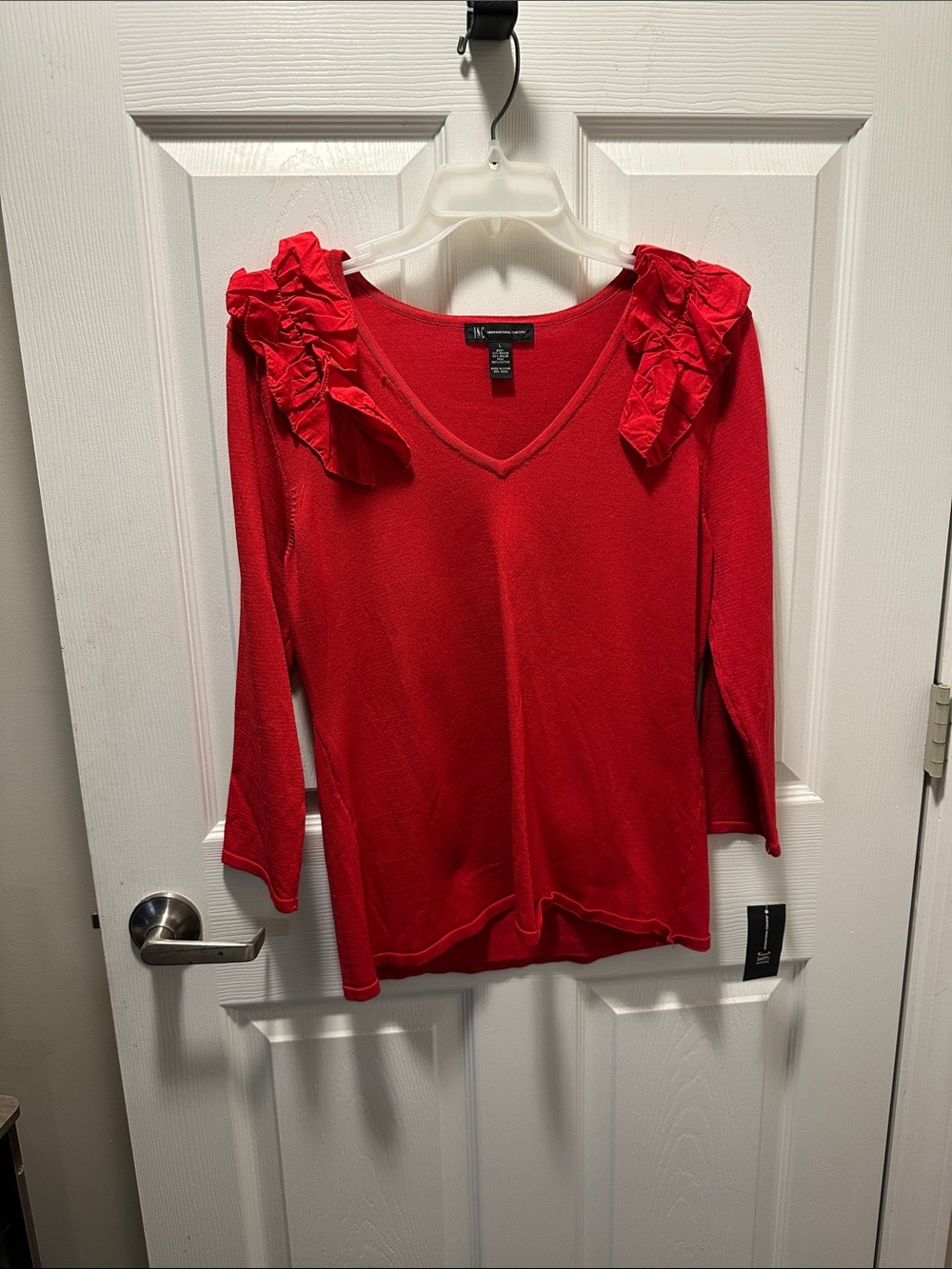 INC International Concepts Red V-Neck Ruffle Shoulder Sweater